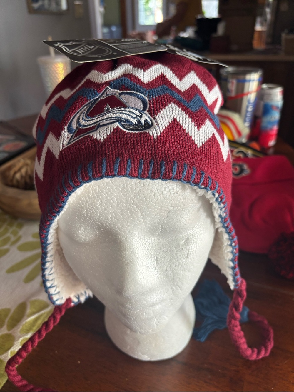 NHL Burgundy White Chevron Earflap Knit Hat with Team Logo NWT